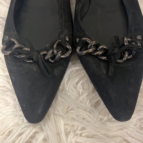 Prada size 37 Black Suede Flats with Chain & Bow Detail - NEW - Never Worn - Picture 3 of 15